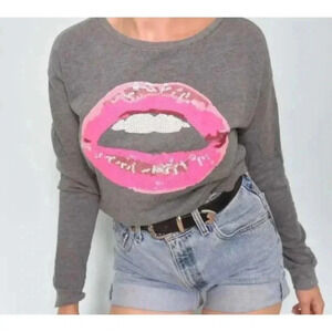 Juicy Couture Sequin Lips Sweater Pink Red Gray Size Medium